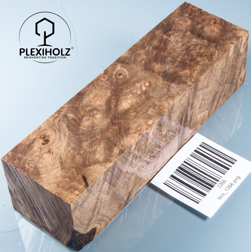 [1266] Nussbaum Maser | 140x40x35 | Griffblock stabilisiert | plexiholz | Messer 1266
